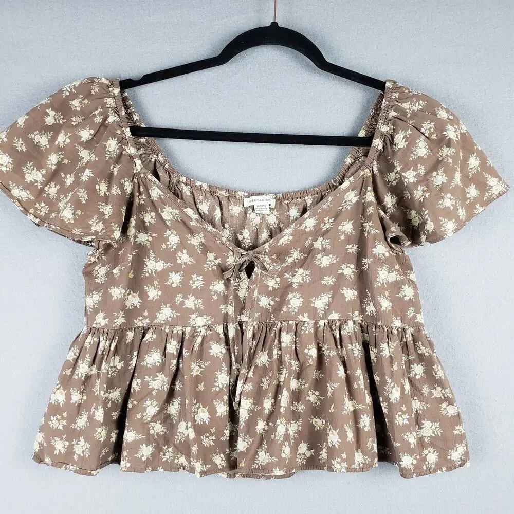 American Eagle Women's M Tiered Babydoll Crop Blouse‎ Brown Floral Cottagecore